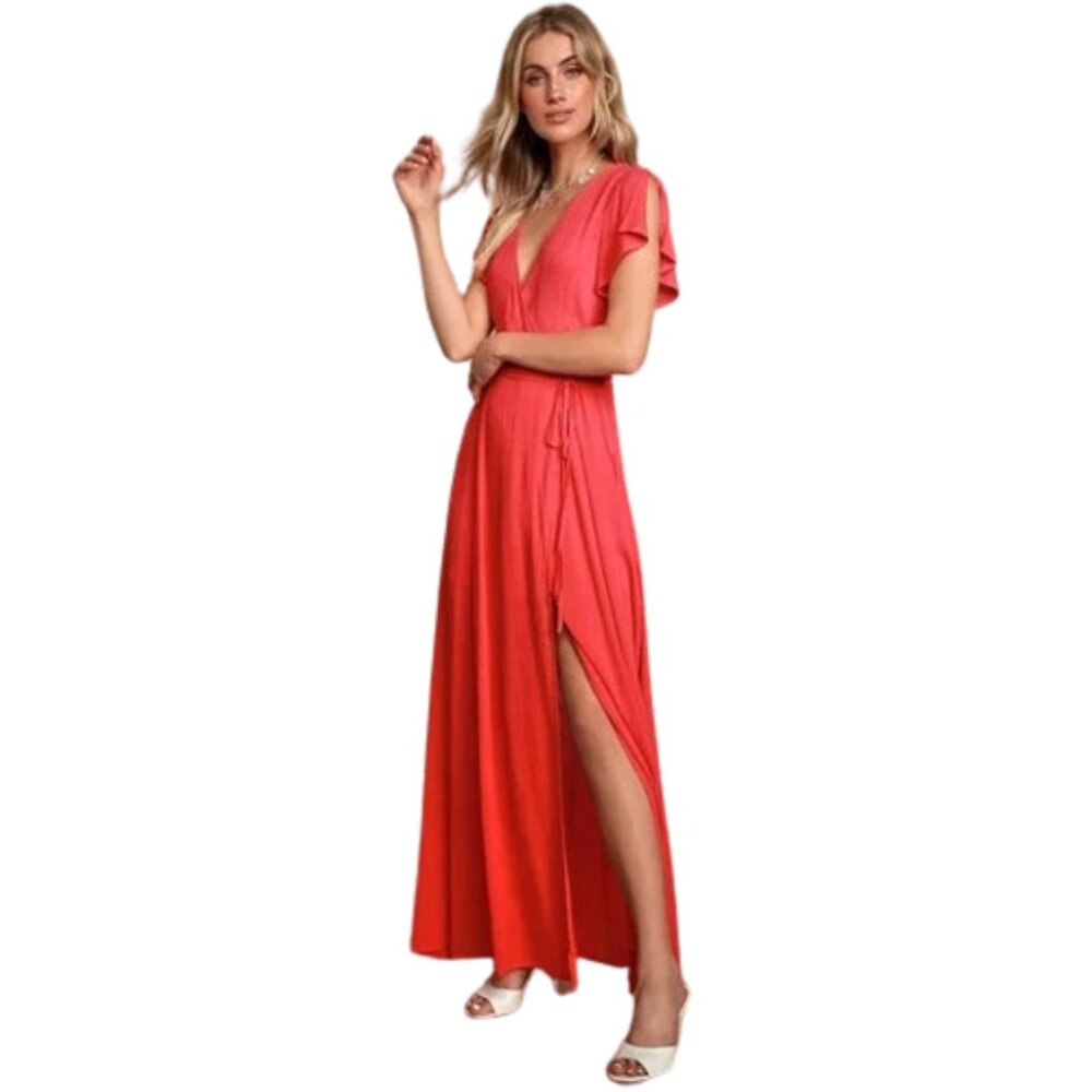 Lulu's Heart of Marigold Coral Red Wrap Maxi Dress